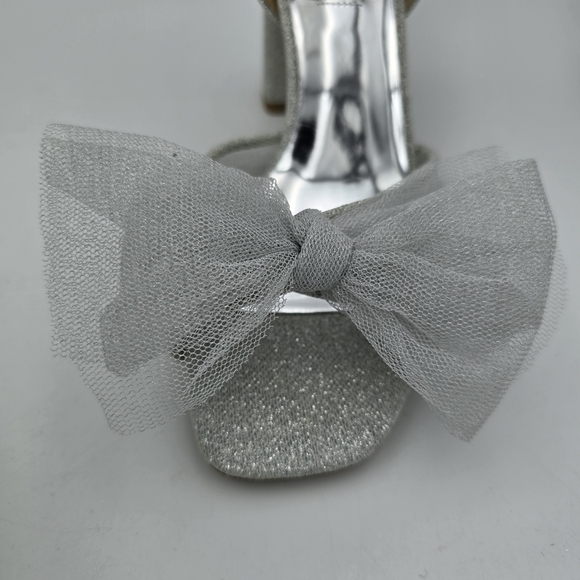 Badgley Mischka Tess Block Heel Sandals with Mesh Poof Bow, Silver Metallic, 6 - Picture 5 of 16